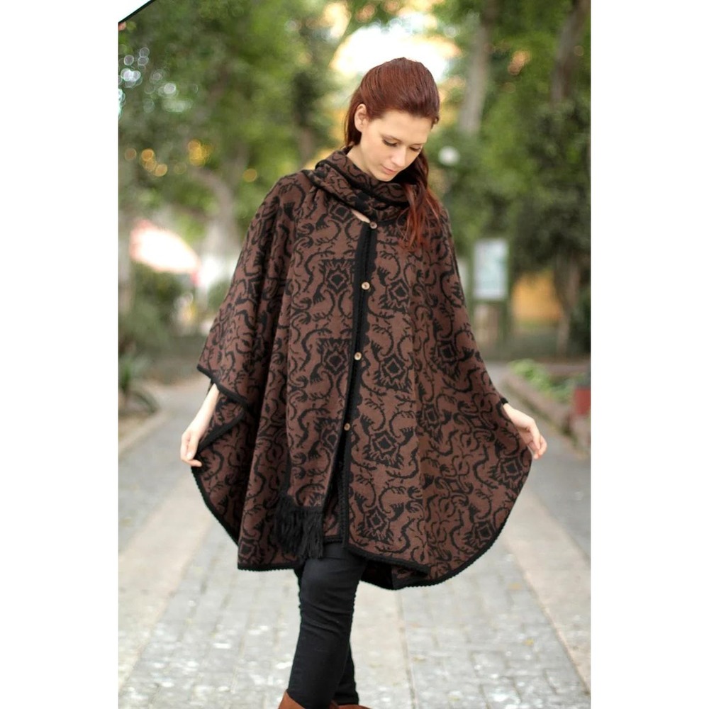 NOVICA Alpaca Ruana Button Front Poncho‎ Cloak Black Brown One Size Layering